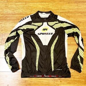 SPONEED long sleeve full zip black, white, yellow cycling top w/ back pockets. L